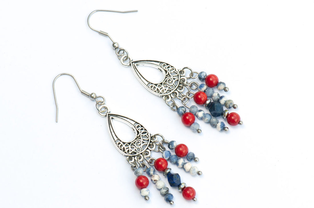 Red, white, and blue, handmade gemstone earrings