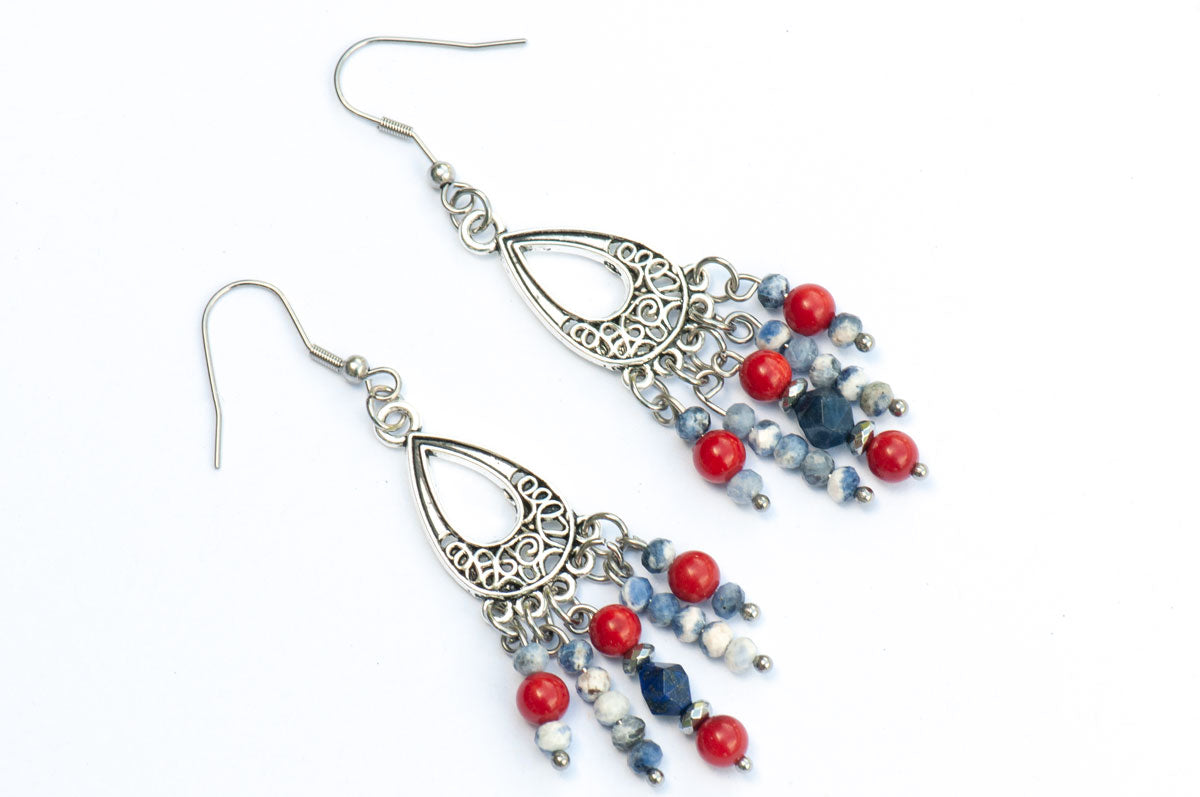 Red, white, and blue, handmade gemstone earrings