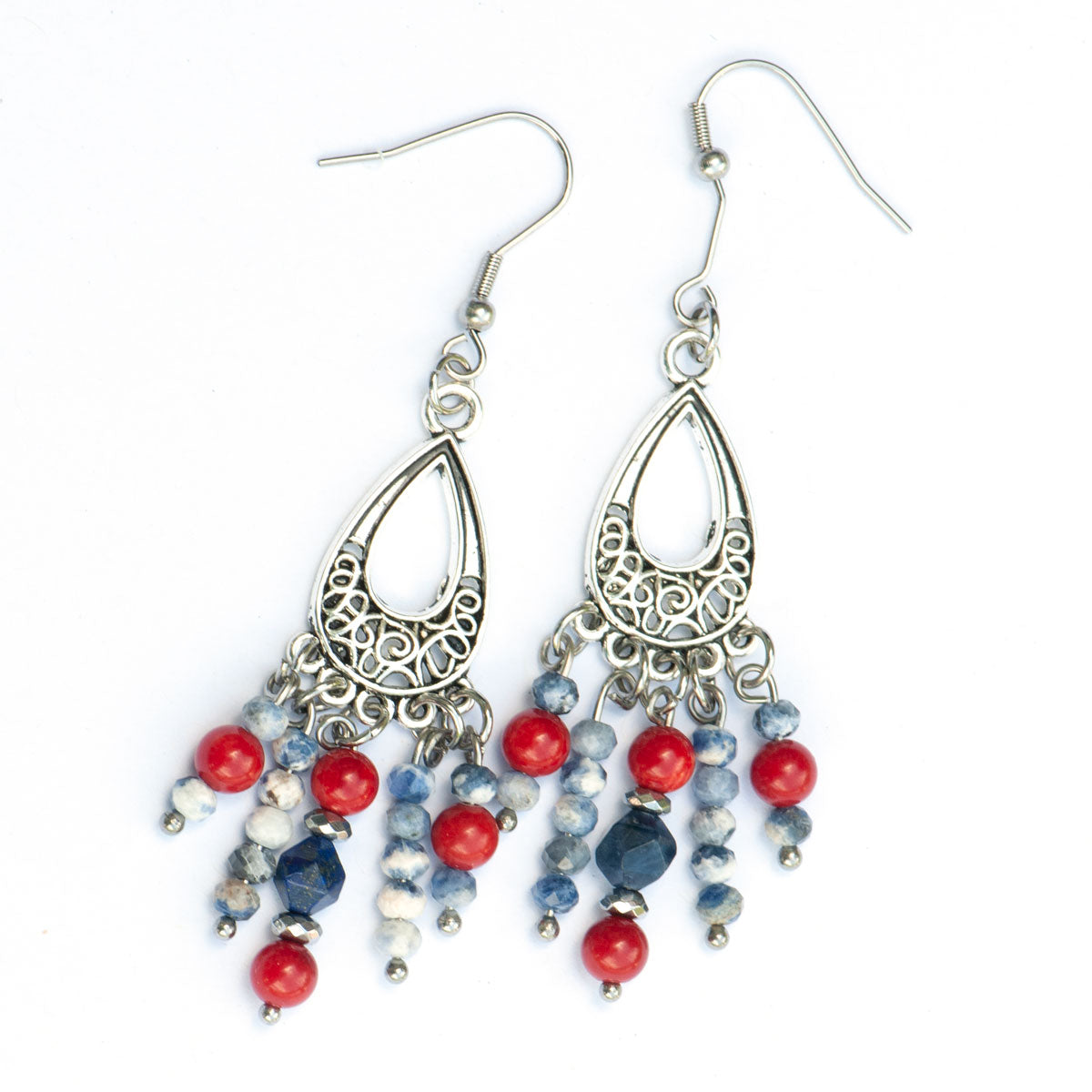 Chandelier earrings in red white and blue handmade in Canada