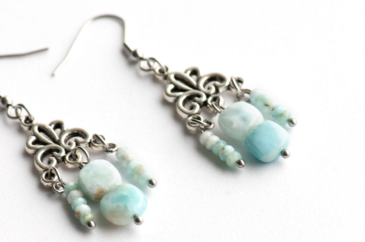 Natural Larimar stone earrings handmade in New Brunswick Canada