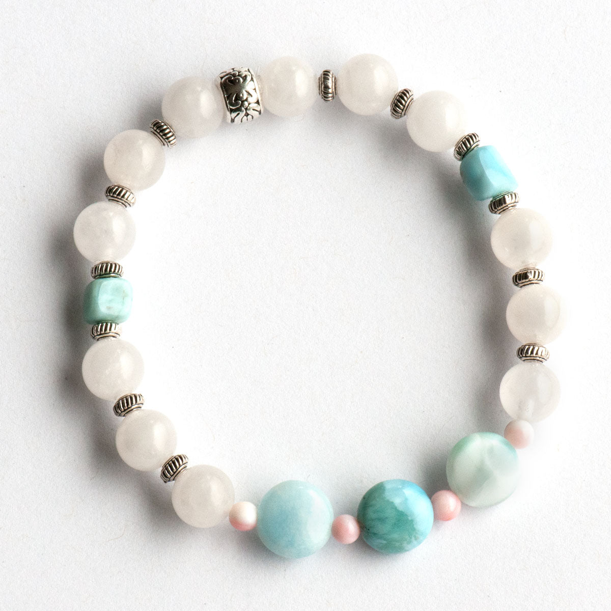Seaside bracelet with Larimar and Queen Conch Shell beads handmade in NB canada