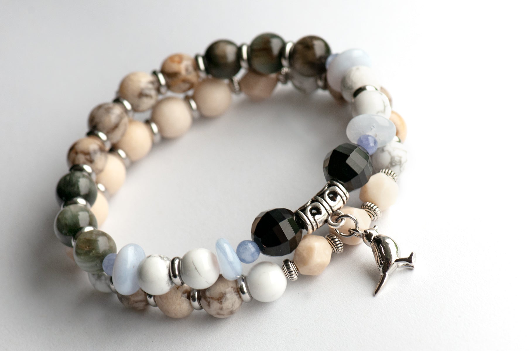 Black Capped Chickadee gemstone bracelet set handmade in New Brunswick Canada
