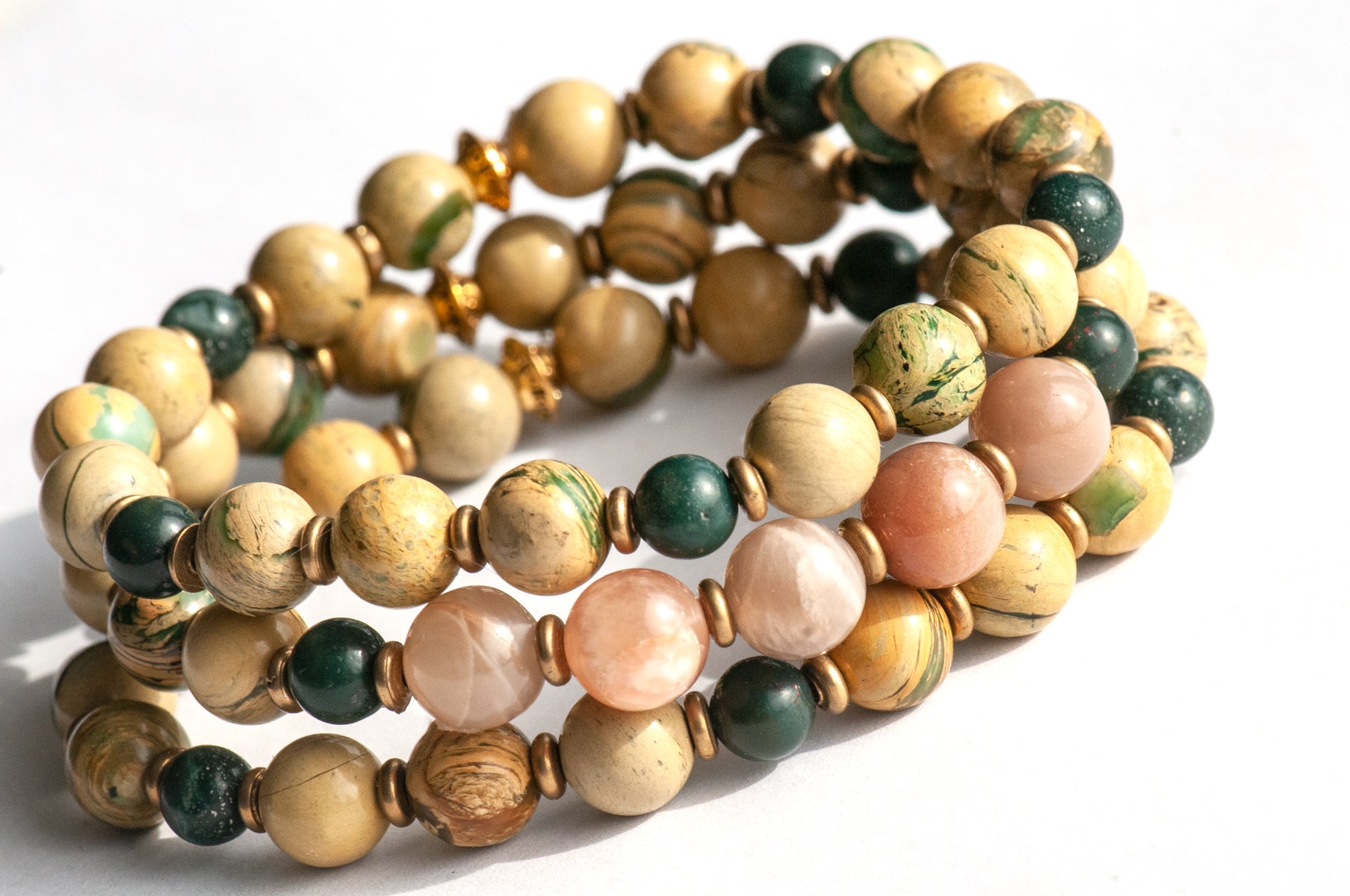 Harvest Moon bracelet set featuring Terra Agate, bloodstone. and peach Moonstone, handmade in New Brunswick Canada