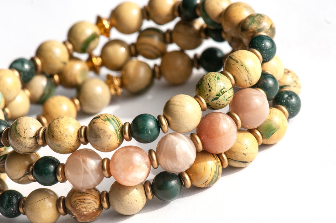 Harvest Moon bracelet set featuring Terra Agate, bloodstone. and peach Moonstone, handmade in New Brunswick Canada