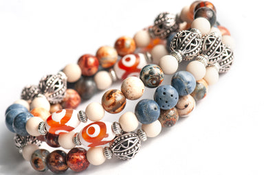 Bonfire Nights mala style wrap bracelet in agate and blue sponge coral with Dzi beads handmade in Canada
