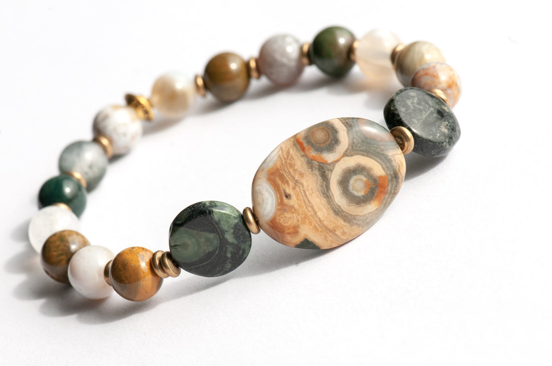 Handmade ocean jasper bracelet in greens, beige and yellow.