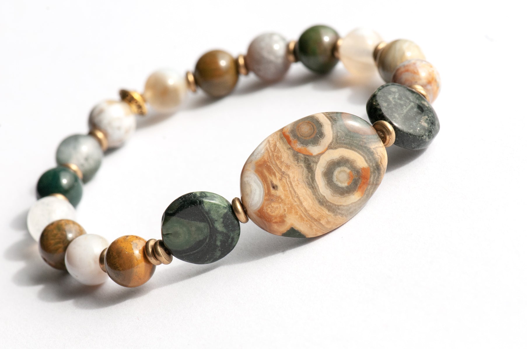 Handmade ocean jasper bracelet in greens, beige and yellow.
