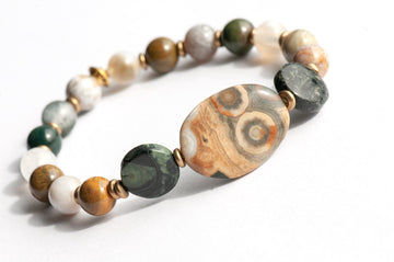 Handmade ocean jasper bracelet in greens, beige and yellow.