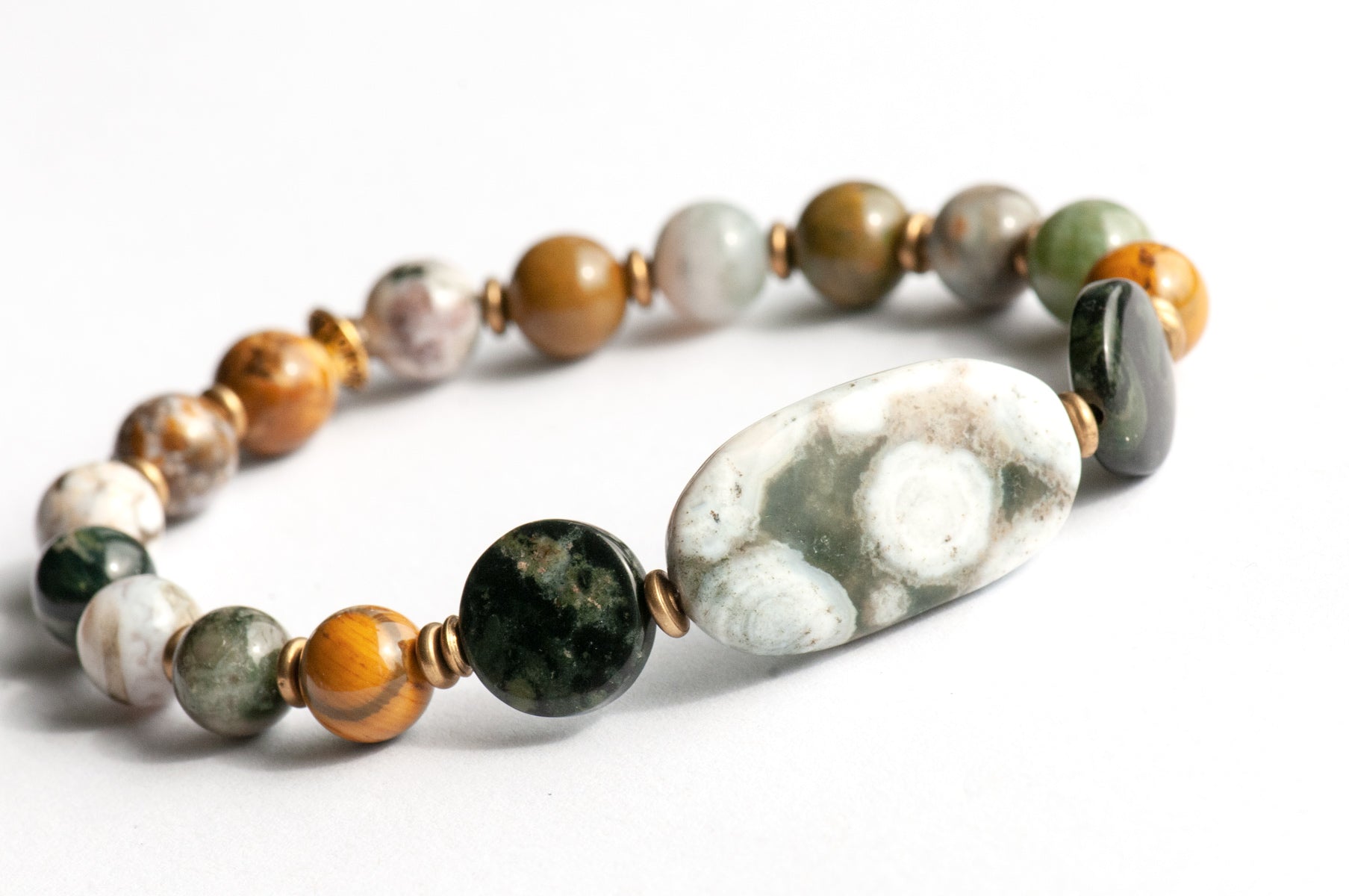 Ocean Jasper bracelet in greens and golds handmade in Canada
