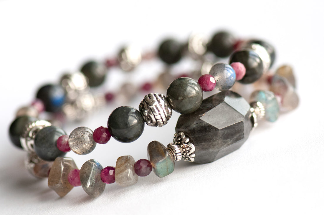 Ethereal Lynx - Labradorite and plum tourmaline two bracelet set handmade in New Brunswick Canada