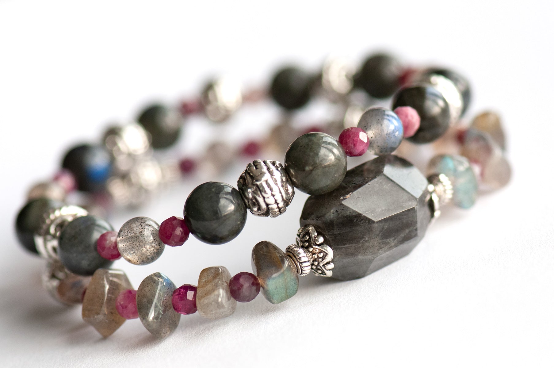 Ethereal Lynx - Labradorite and plum tourmaline two bracelet set handmade in New Brunswick Canada