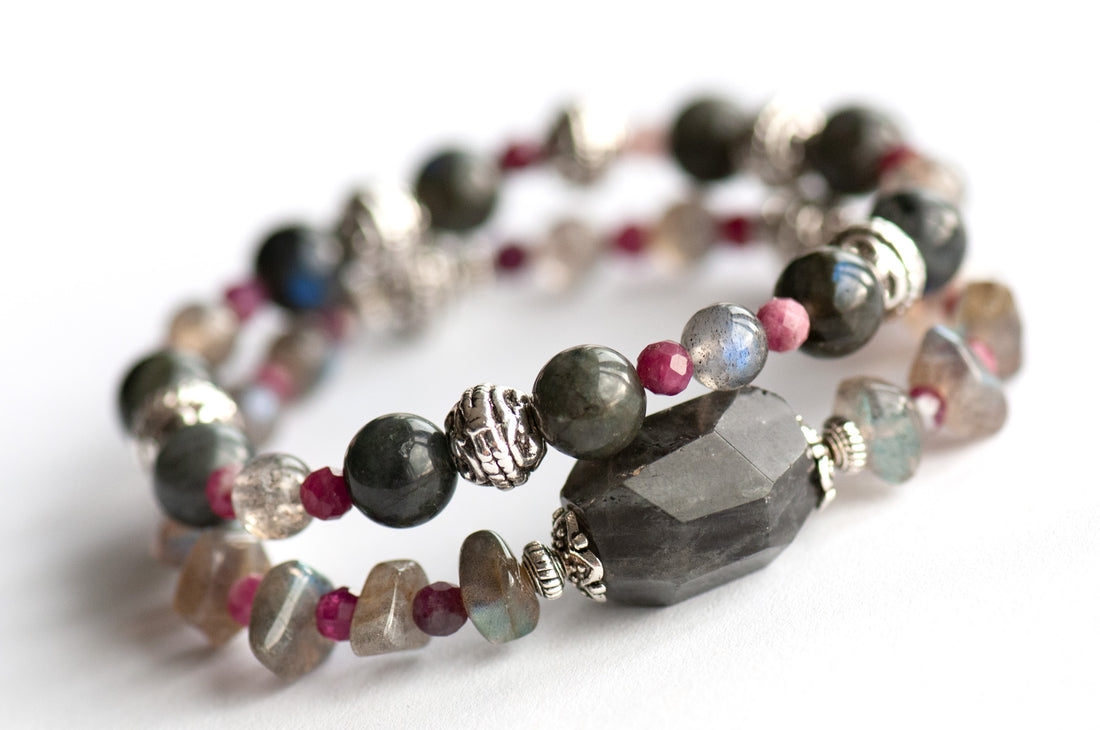 Ethereal Lynx - Labradorite and plum tourmaline two bracelet set handmade in New Brunswick Canada