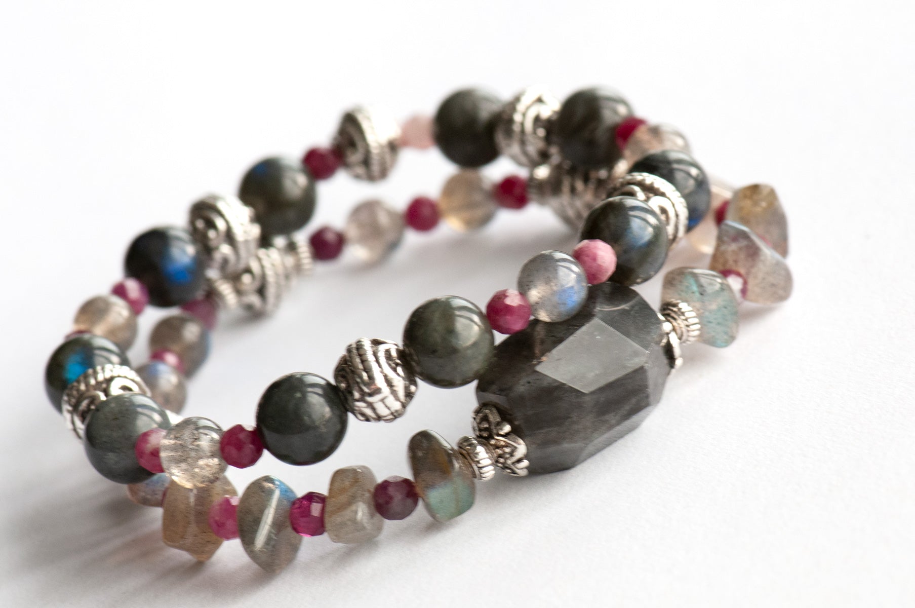 Ethereal Lynx - Labradorite and plum tourmaline two bracelet set handmade in New Brunswick Canada