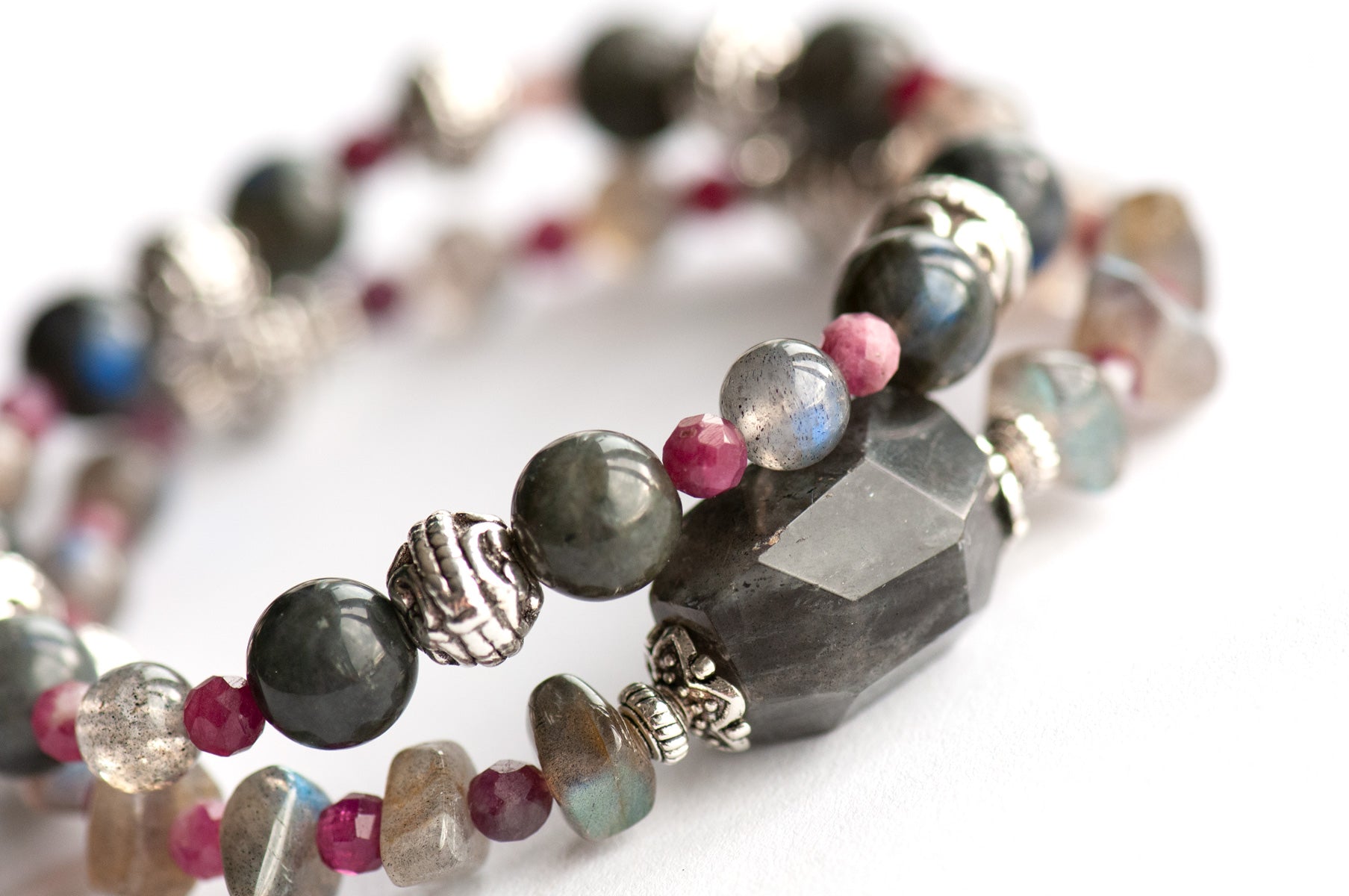 Ethereal Lynx - Labradorite and plum tourmaline two bracelet set handmade in New Brunswick Canada