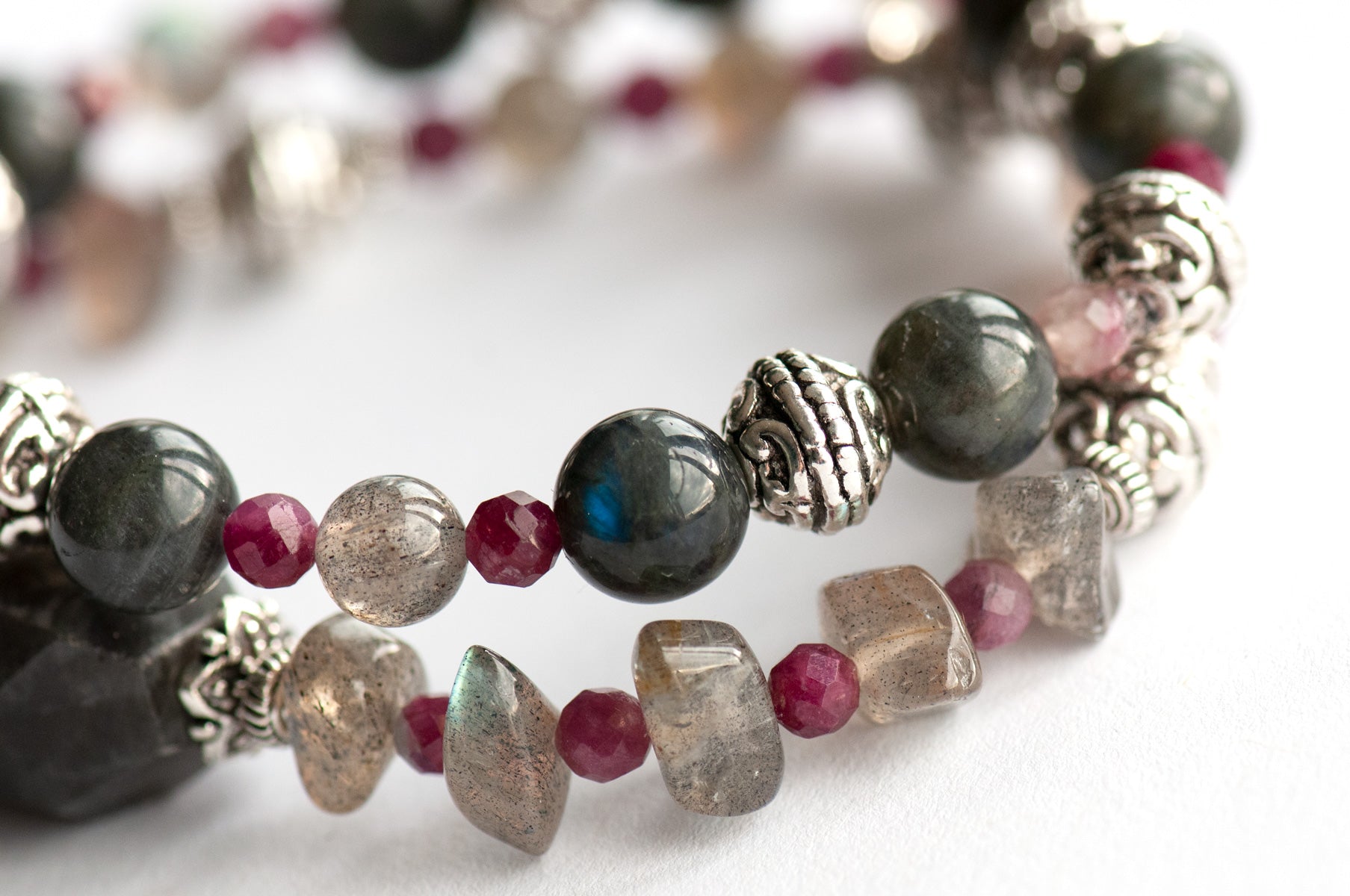Ethereal Lynx - Labradorite and plum tourmaline two bracelet set handmade in New Brunswick Canada