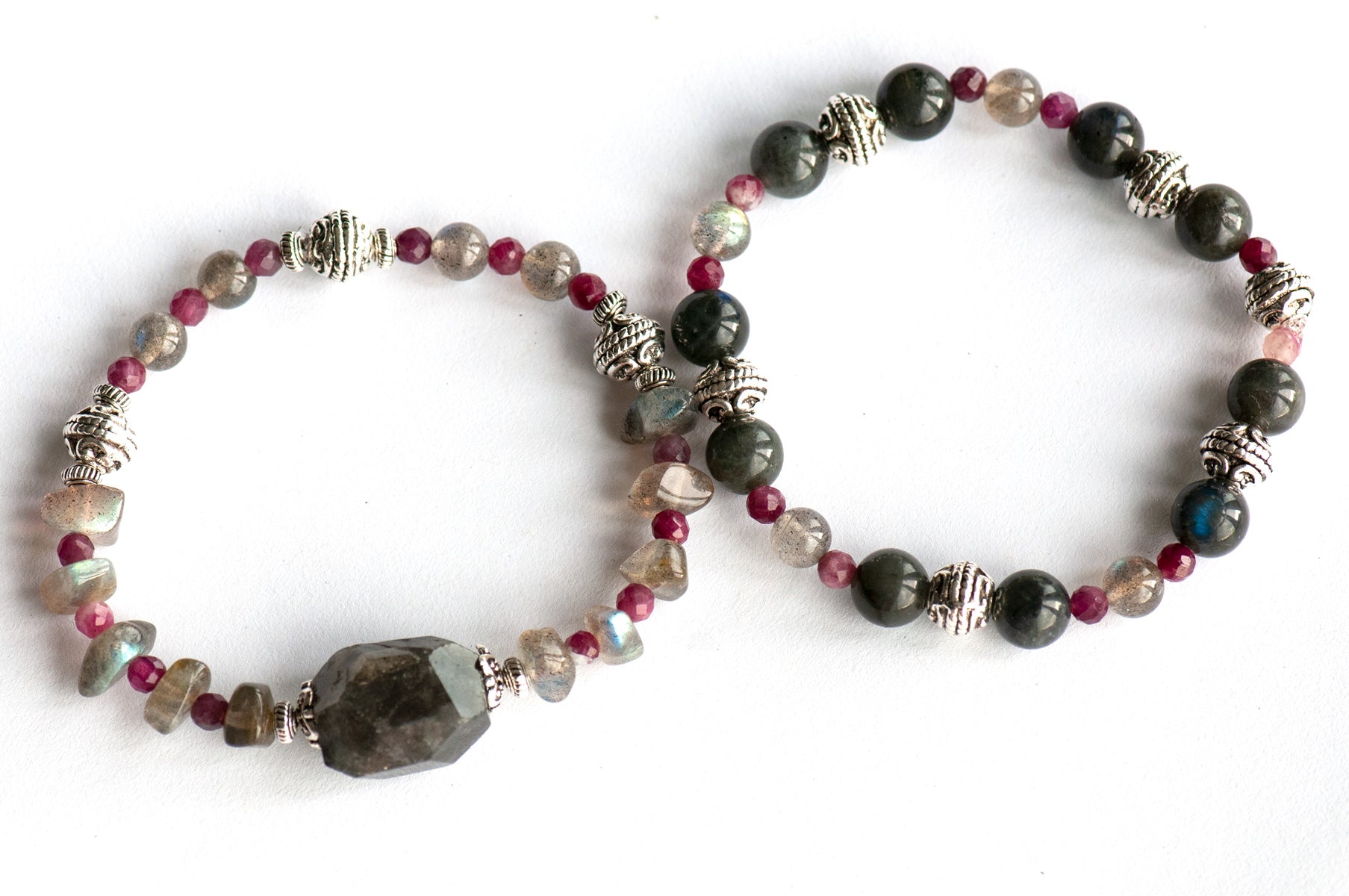 Ethereal Lynx - Labradorite and plum tourmaline two bracelet set handmade in New Brunswick Canada