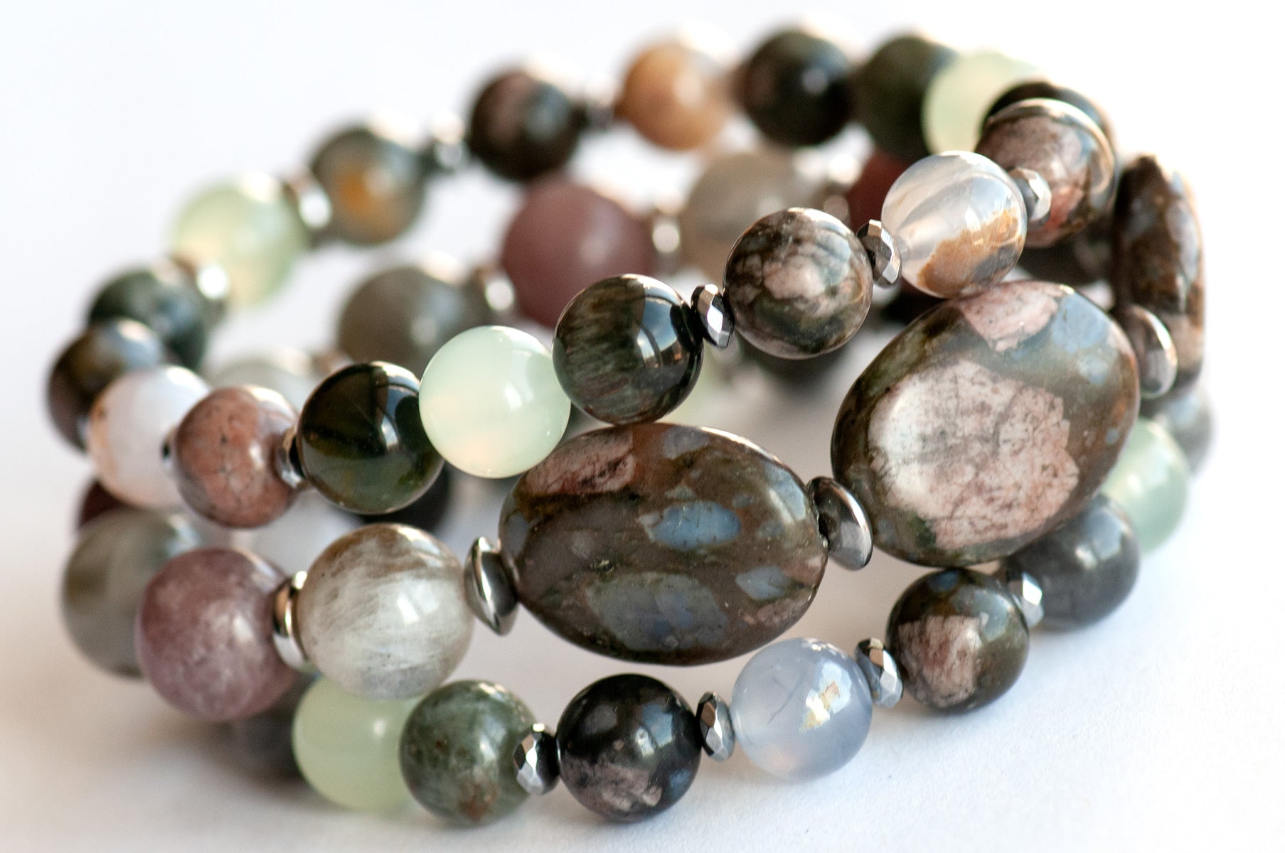 Subtle Lynx combines Jaspers, Jades, Chalcedony, and Labradorite in a soft and easy to wear colour palette. 