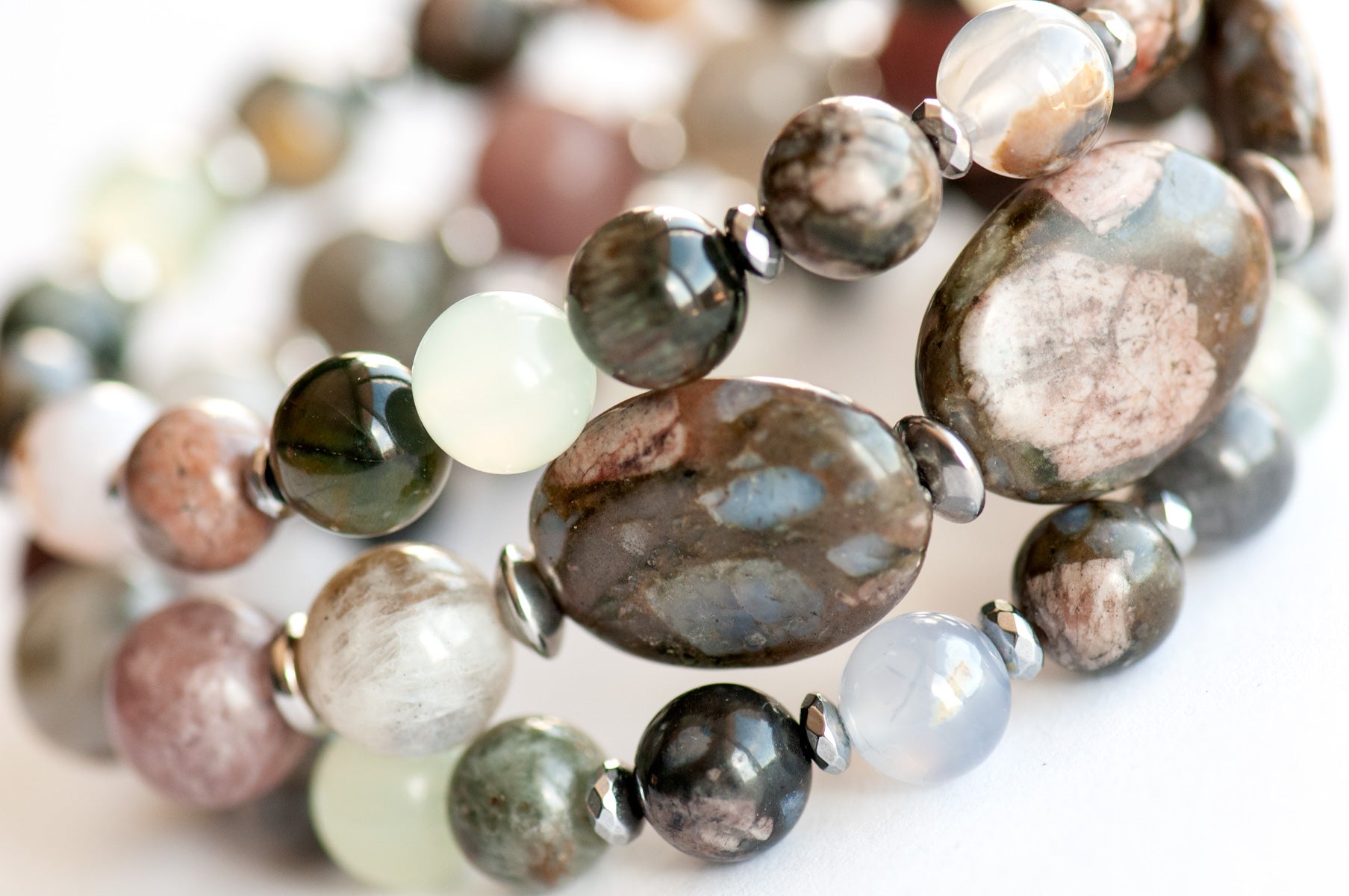 Subtle Lynx combines Jaspers, Jades, Chalcedony, and Labradorite in a soft and easy to wear colour palette. 