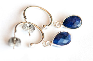 Shimmer and shine your way through day or night with these dainty Sapphire stud hoop earrings handmade in New Brunswick, Canada. 