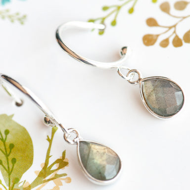 Stunning Sterling Silver bezel-faceted Labradorite drops dangle from silver-plated stainless steel half hoop stud earrings. 