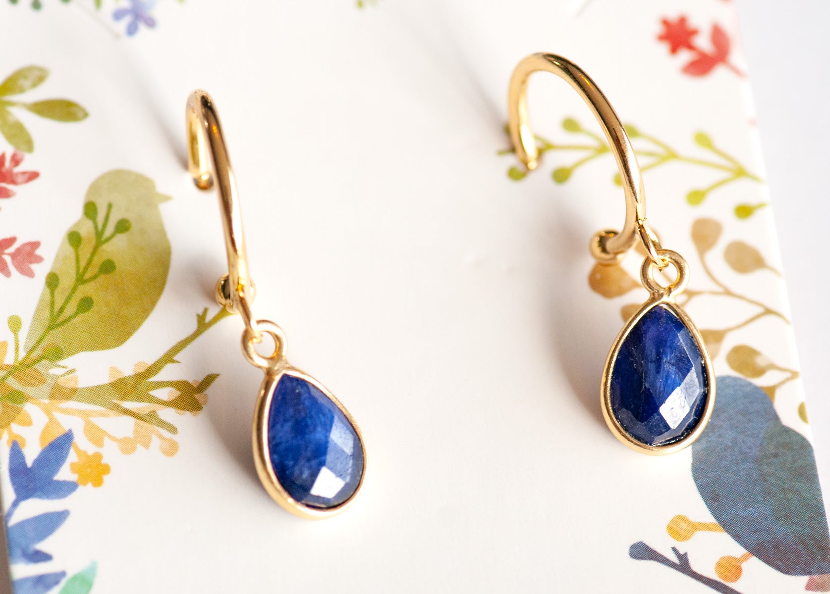 Small Sapphire birthstone earrings with gold hoops