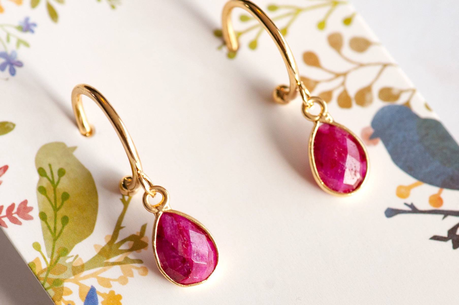 Ruby Bezel Hoop Earrings in Gold or Silver