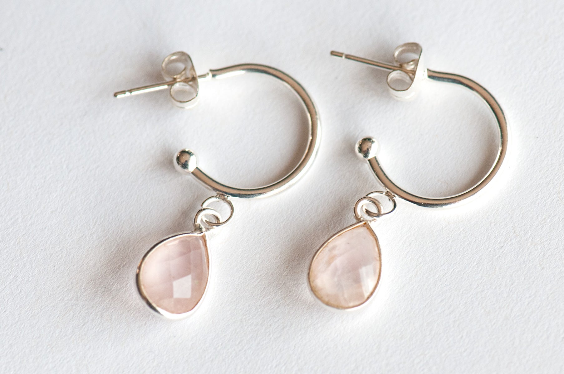 Rose Quartz Bezel Hoop Earrings in Gold or Silver - Fierce Lynx Designs