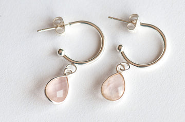 Rose Quartz Bezel Hoop Earrings in Gold or Silver - Fierce Lynx Designs