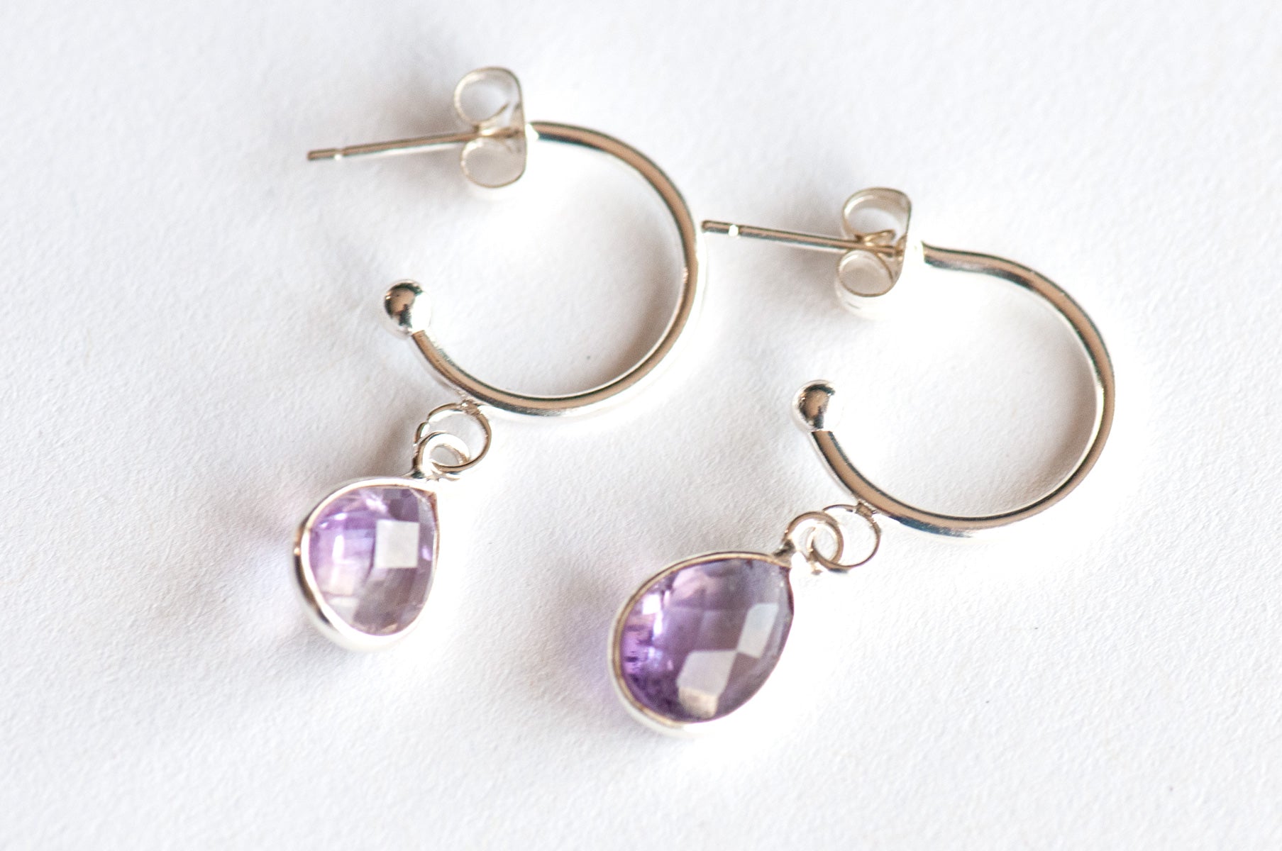 Amethyst and Stirling silver half hoop stud earrings handmade in canada