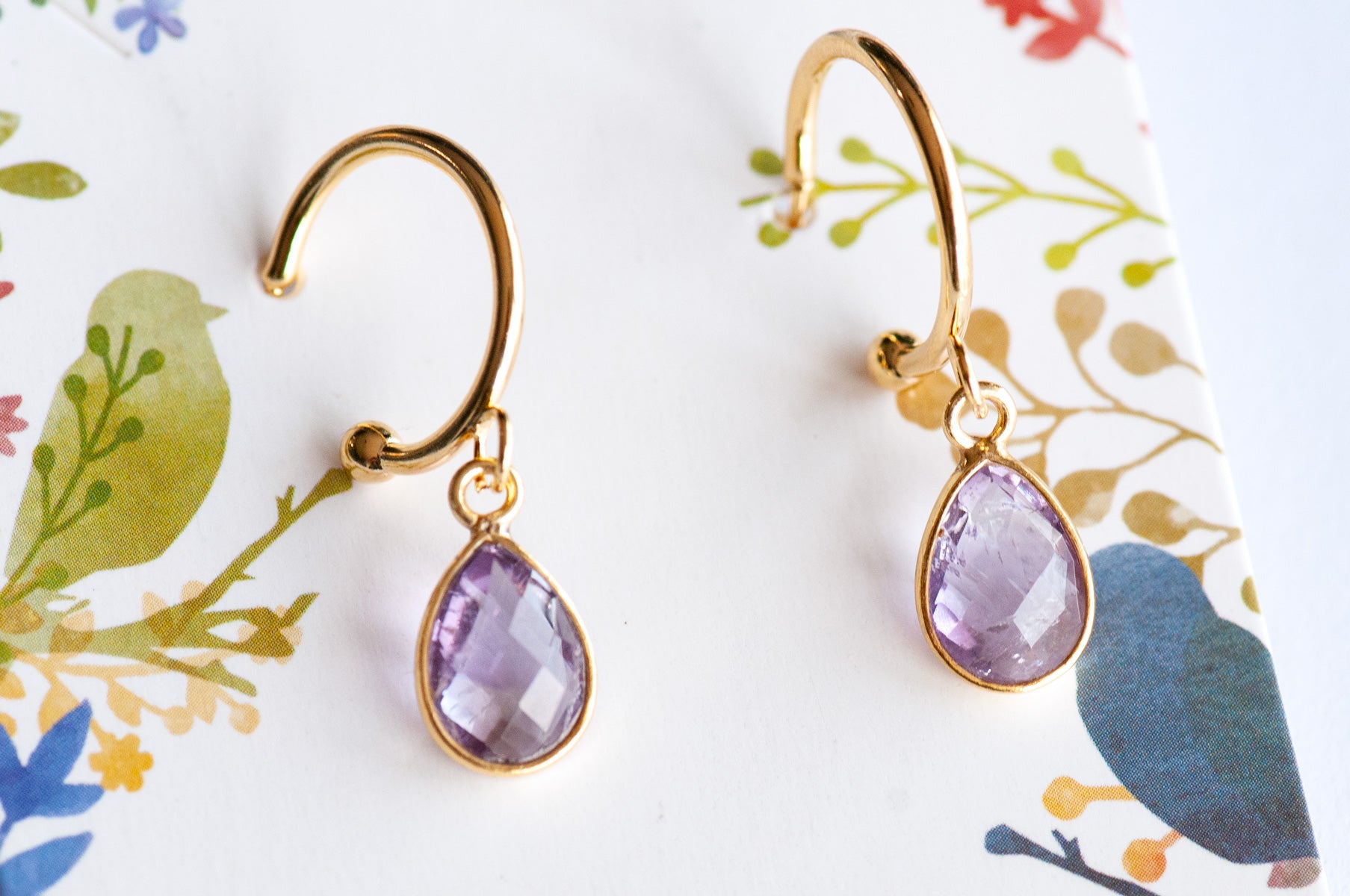 Amethyst and gold half ho\op stud earrings handmade in canada