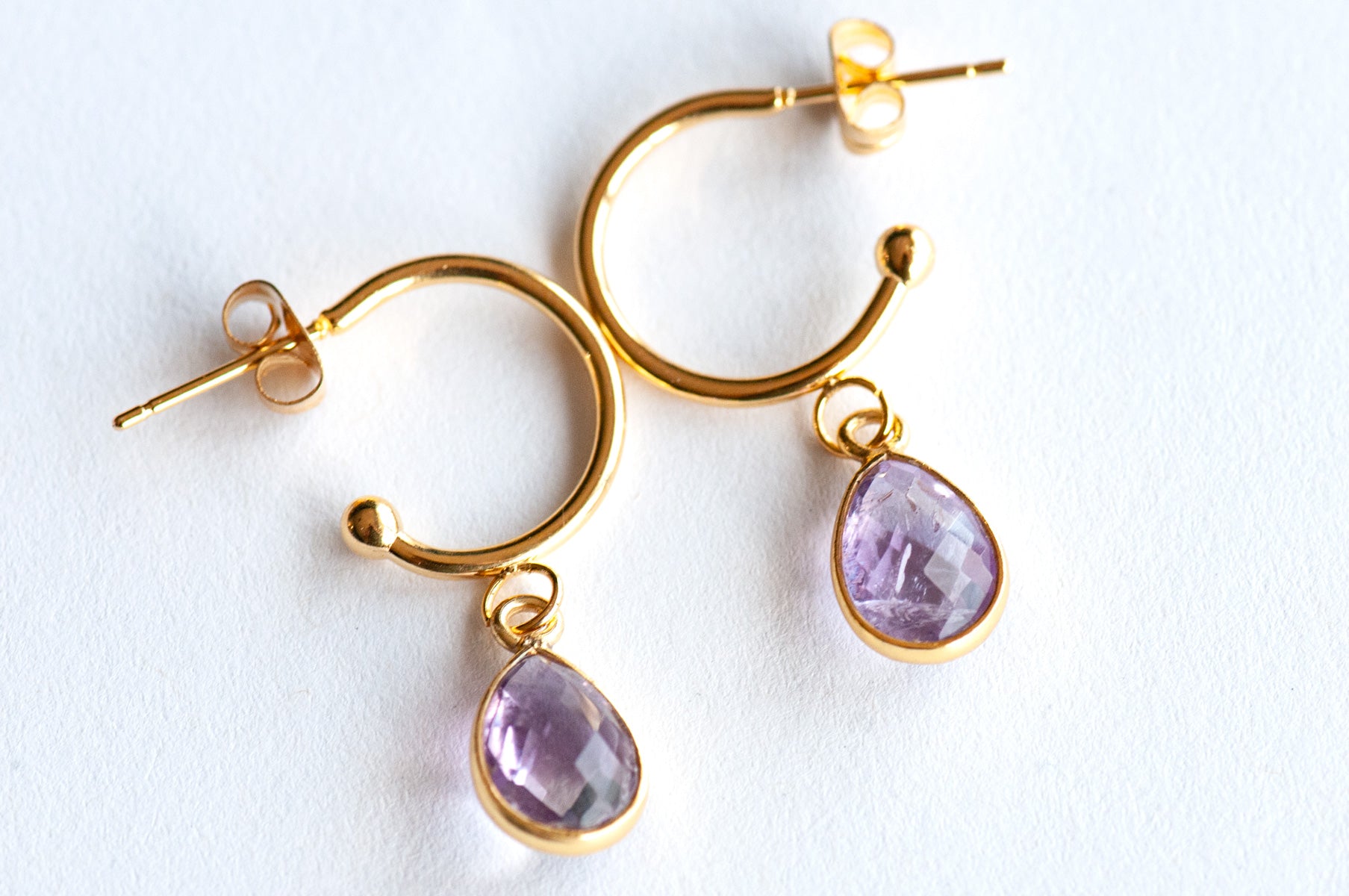 Amethyst and gold half ho\op stud earrings handmade in canada