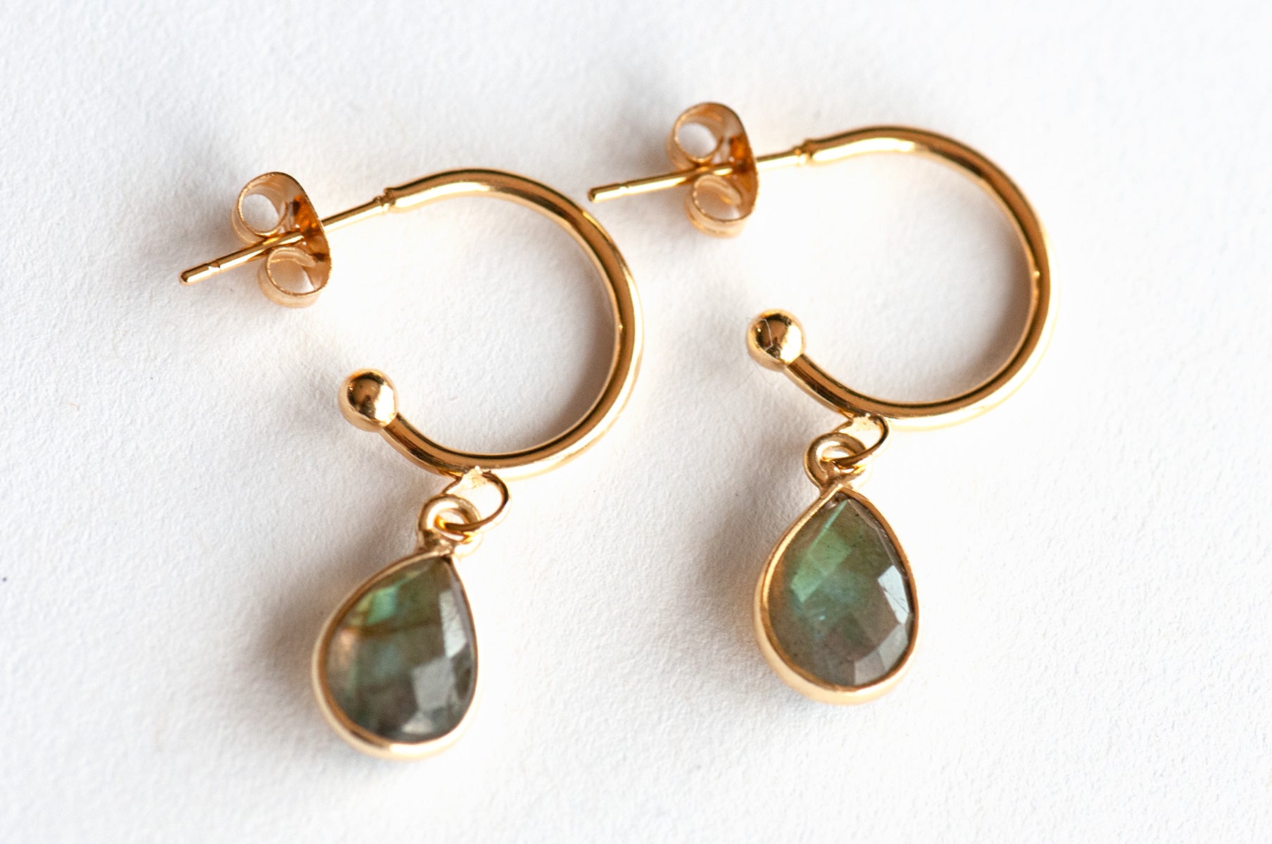 Labradorite Bezel Hoop Earrings in Silver or Gold - Fierce Lynx Designs