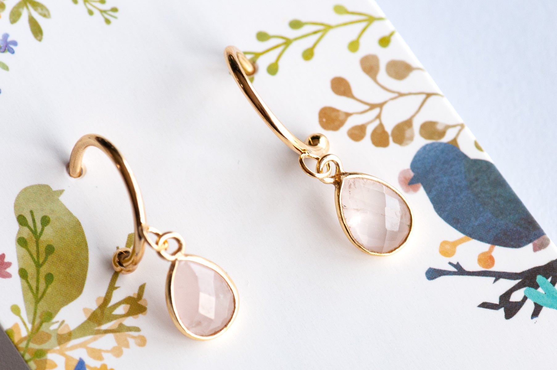 Rose Quartz Bezel Hoop Earrings in Gold or Silver
