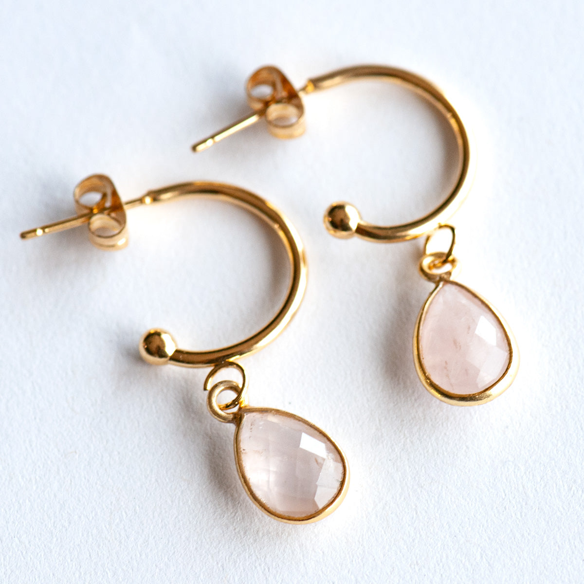 Rose Quartz Bezel Hoop Earrings in Gold or Silver - Fierce Lynx Designs