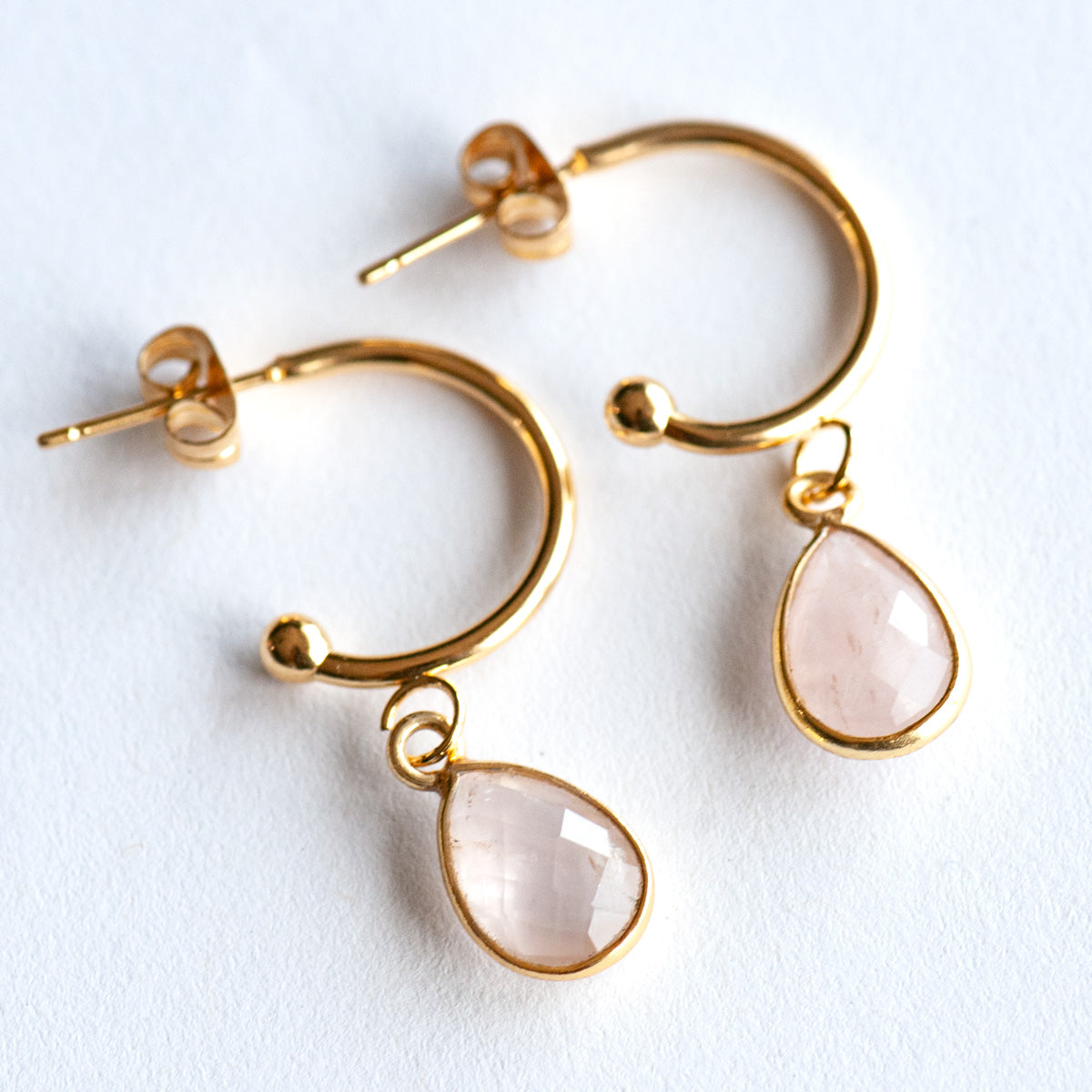 Rose Quartz Bezel Hoop Earrings in Gold or Silver