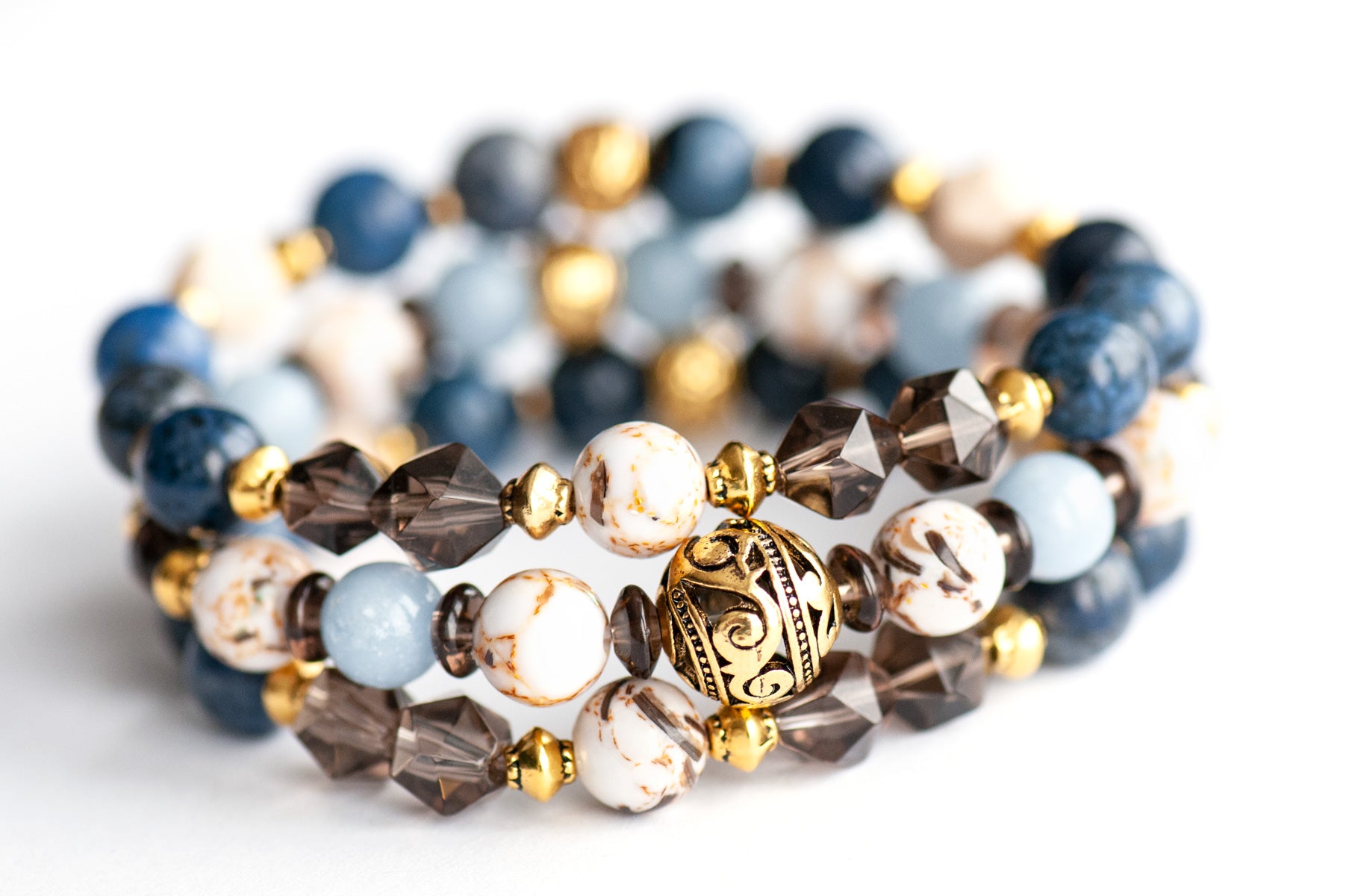 Legendary Lynx bracelet set handmade in Canada with Smoky Quartz and Angelite gemstone beads