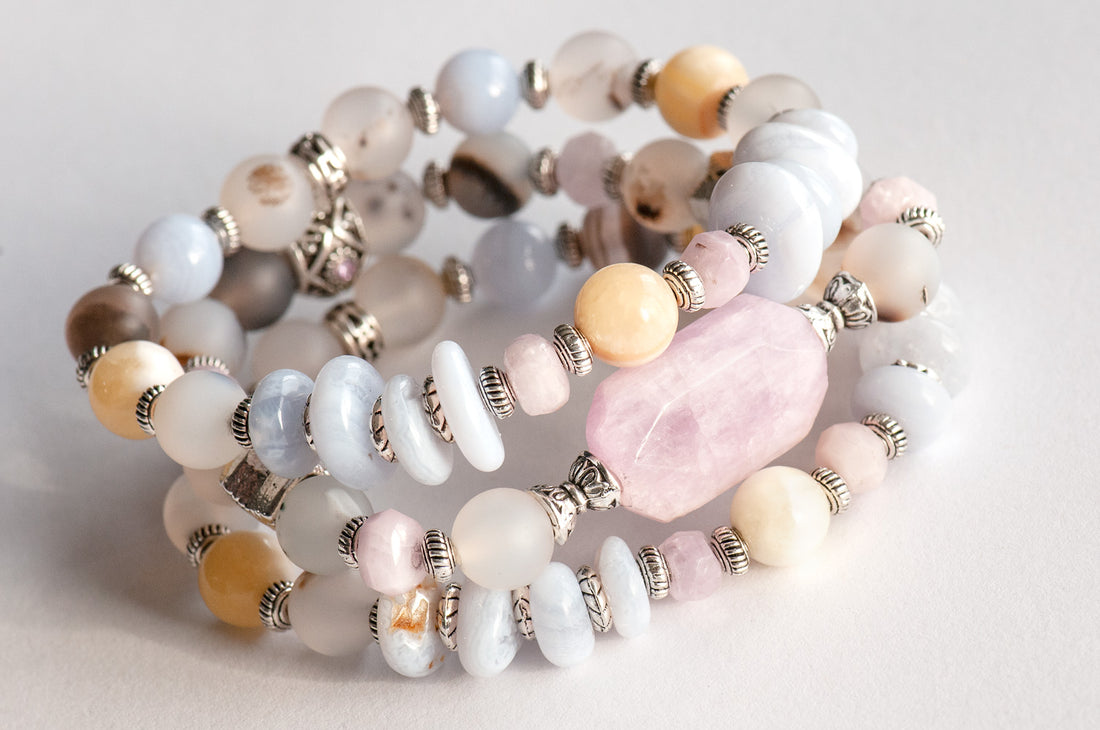 Winter's Dawn gemstone bracelet set with Kunzite, Blue Lace Agate and Honey Jade