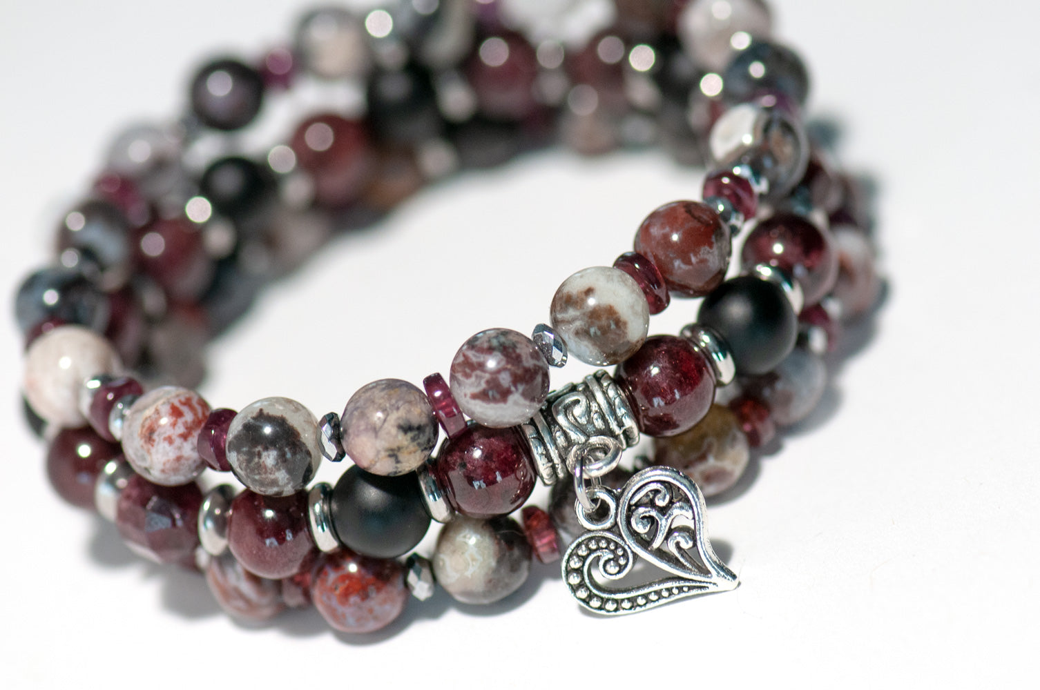 Fierce Love - Garnet, Hematite, and Zebra Jasper three bracelet set handmade in New Brunswick, Canada