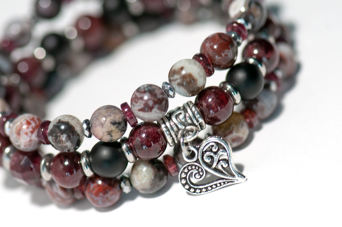 Fierce Love - Garnet, Hematite, and Zebra Jasper three bracelet set handmade in New Brunswick, Canada