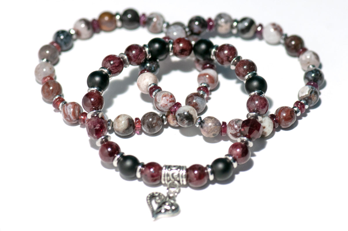 Fierce Love - Garnet, Hematite, and Zebra Jasper three bracelet set handmade in New Brunswick, Canada