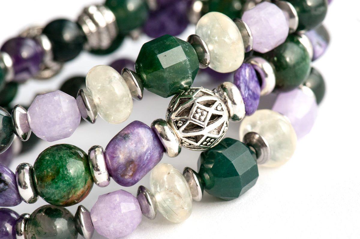 Purple and green jewel tone gemstone bracelet set