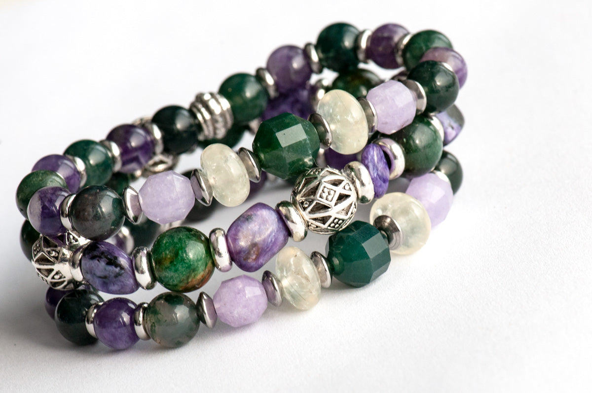 Handmade gemstone bracelet set with Charoite and Agate