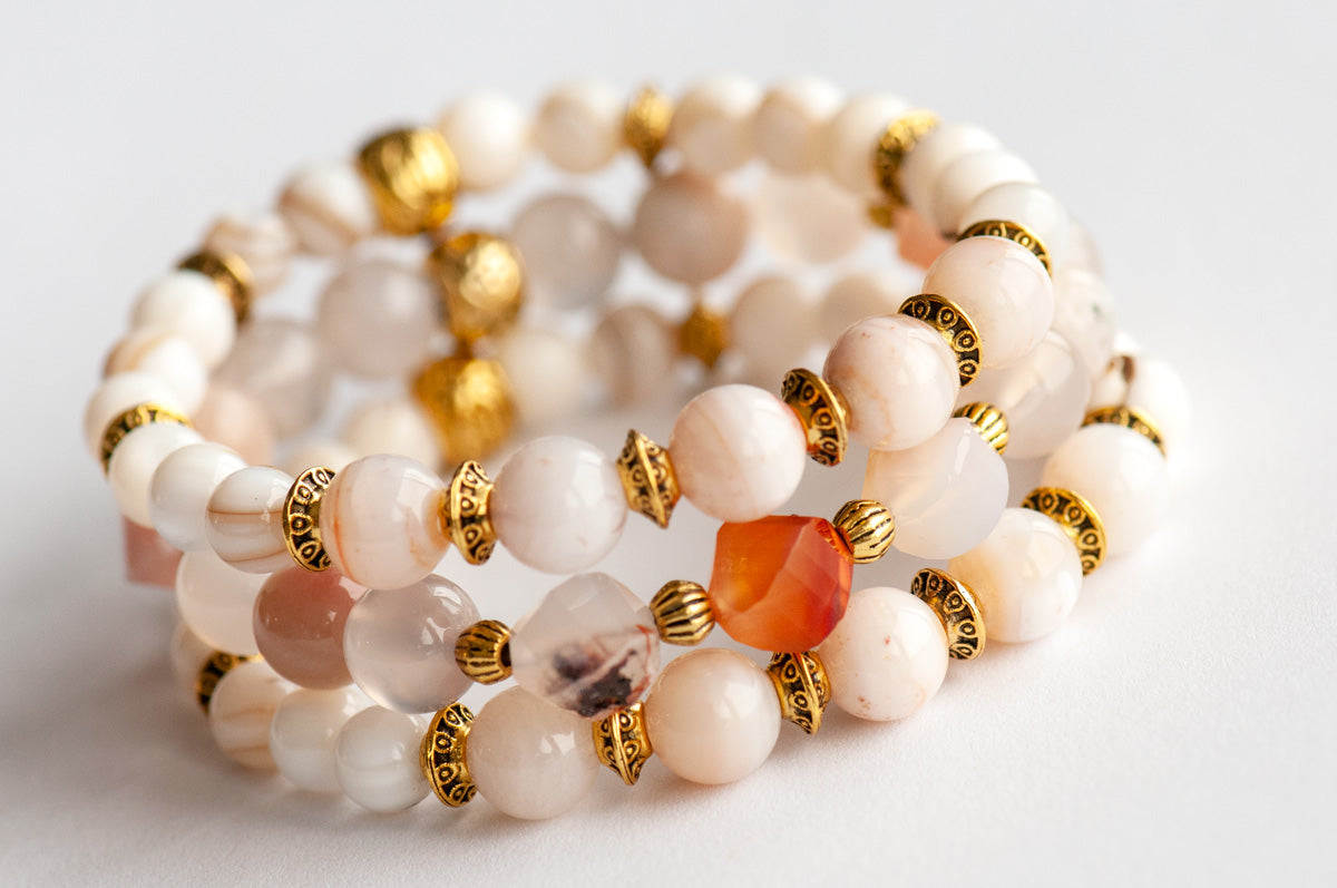 Handmade bracelet set with agates and shell beads and gold accents handmade in canada