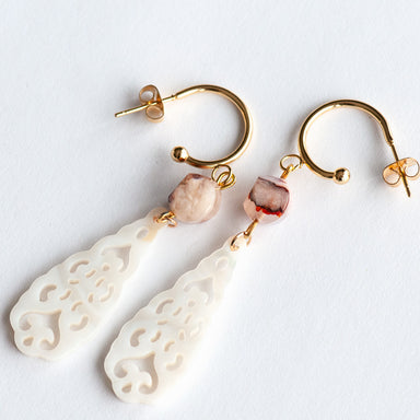 Handmade carved shell and cherry blossom agate gemstone earrings
