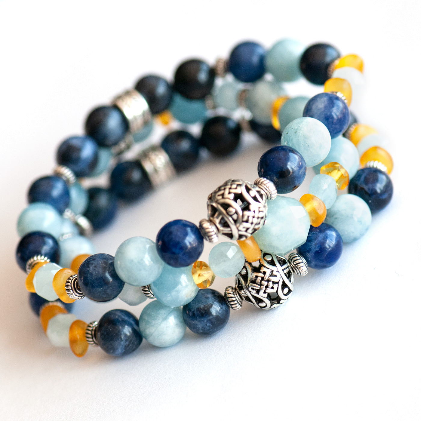 March birthstone bracelet aquamarine, sodalite, and amber