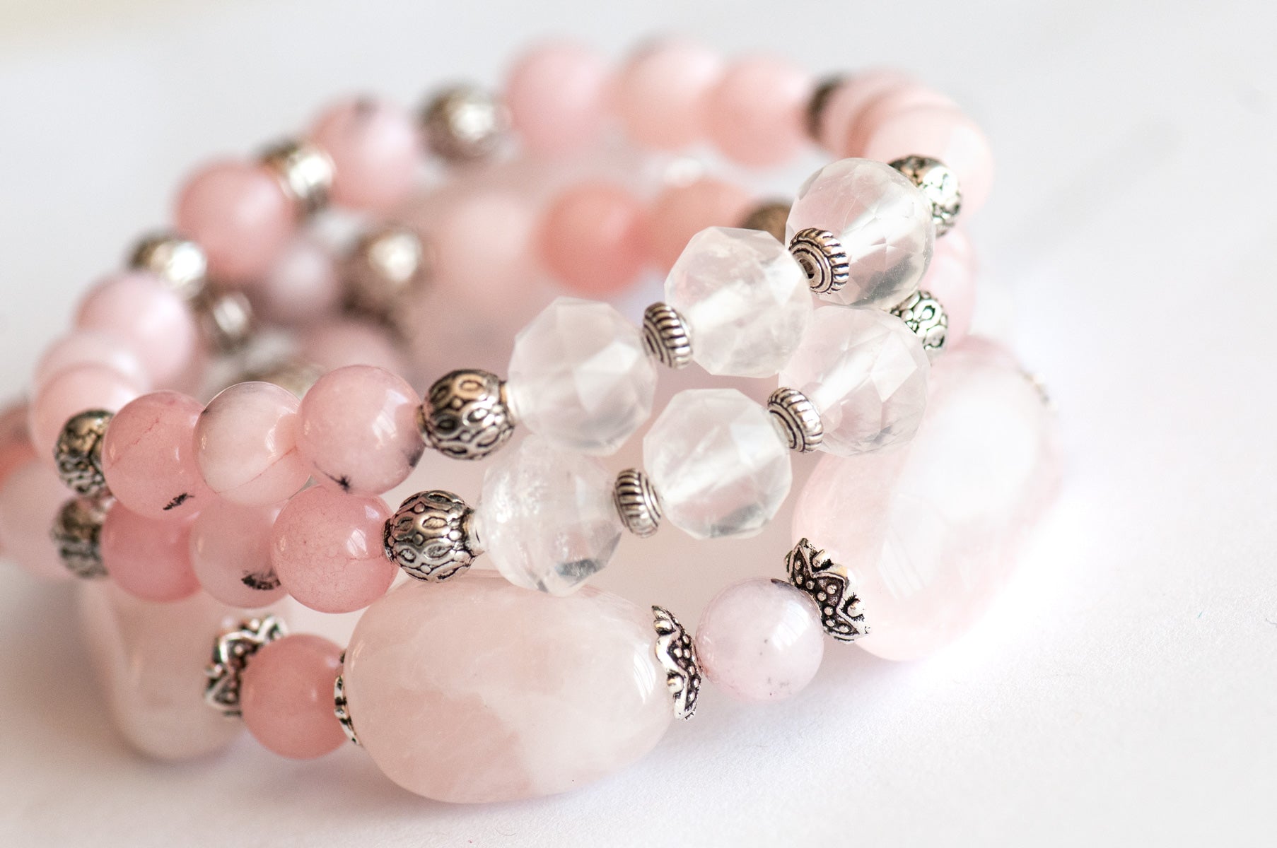 Handmade rose quartz bracelet set with cherry blossom jasper