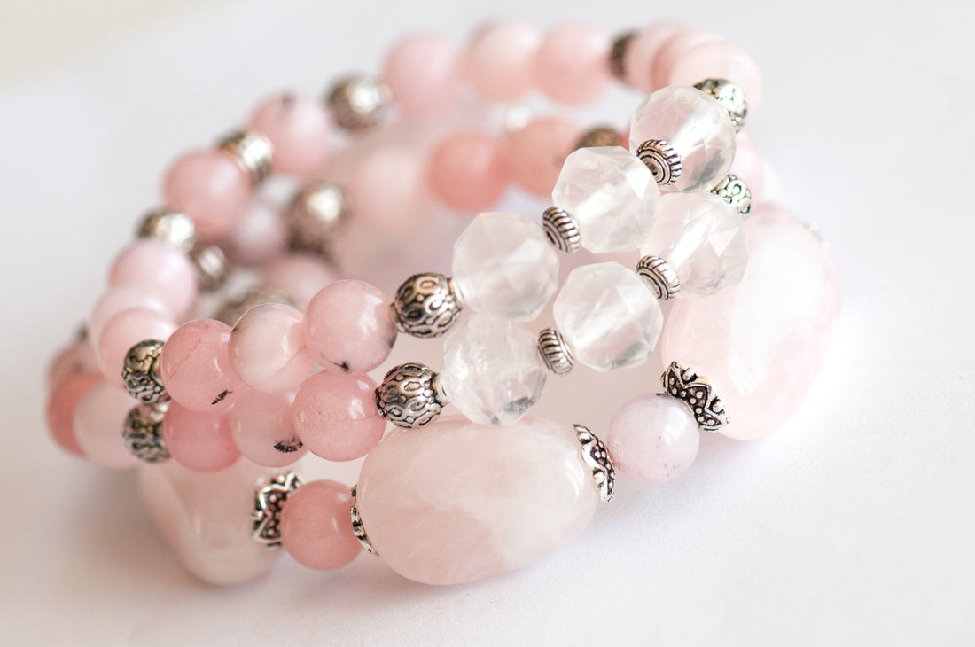 Handmade rose quartz bracelet set with cherry blossom jasper
