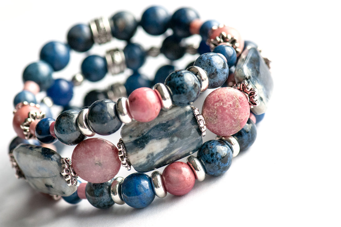 Navy blue Dumortierite and Pink Rhodonite bracelet set