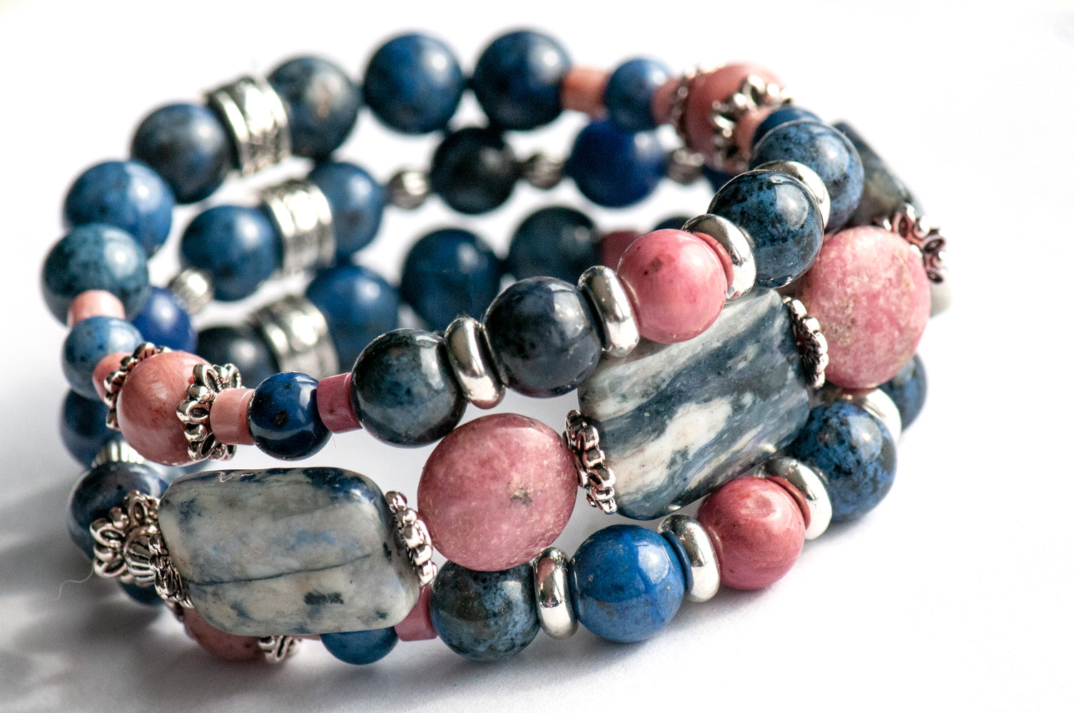 Pink and navy blue gemstone bracelet handmade in New Brunswick Canada