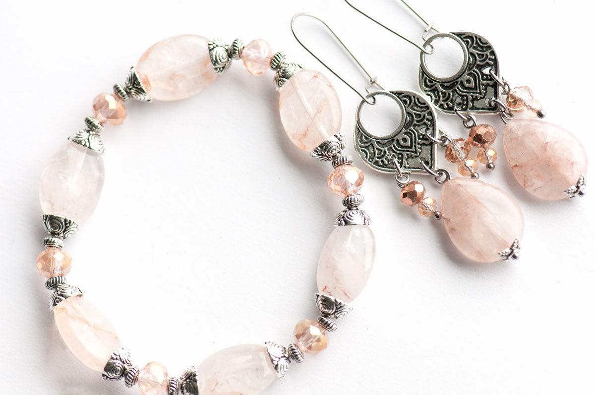 Peach Blood Quartz bracelet with matching earrings handmade in Canada
